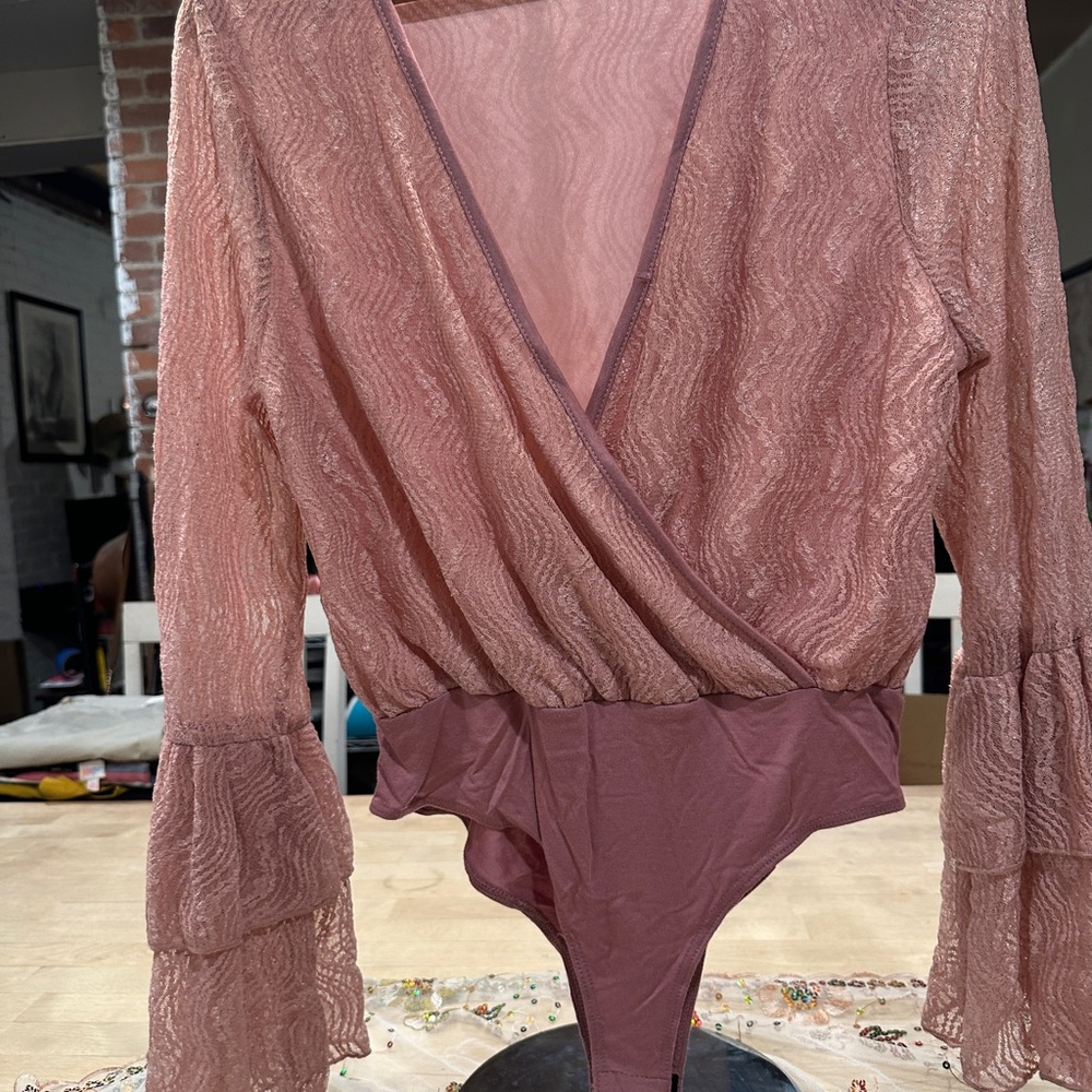 Pink Ruffled Bodysuit with Sheer Wrap Neckline